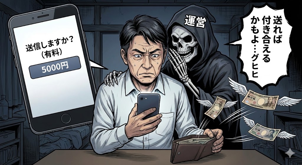 スマホ画面を見つめるトシさんの図。