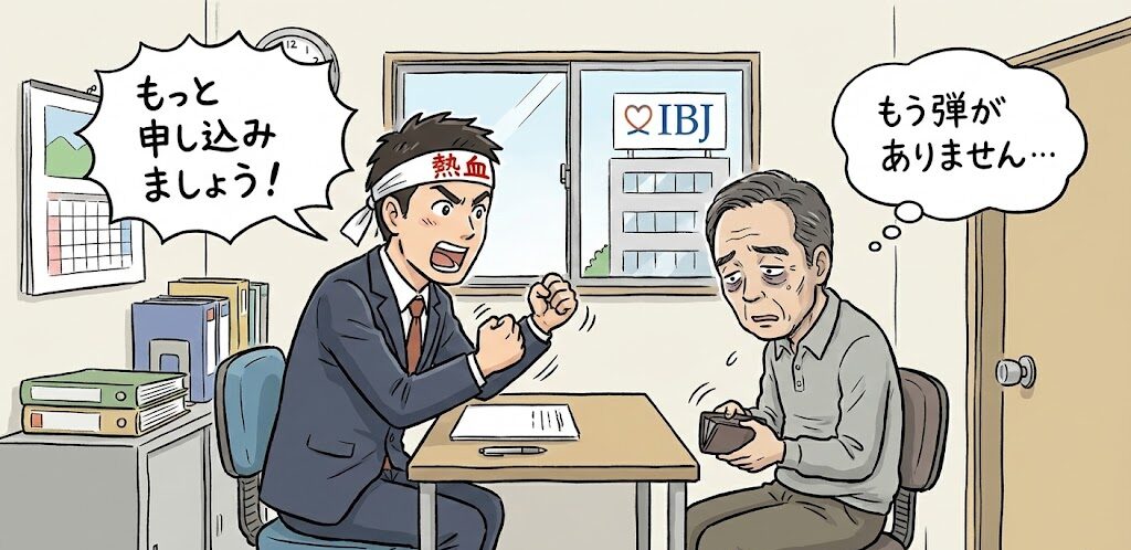 狭い部屋で、熱血カウンセラーと向き合うトシさんの図。