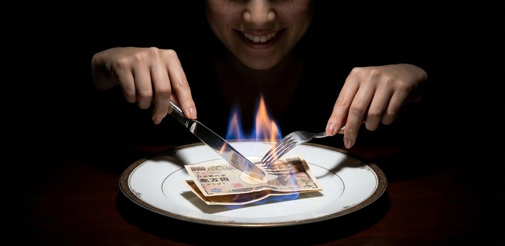 高級なフレンチの皿の上に、料理ではなく、燃えているお札が乗っている。