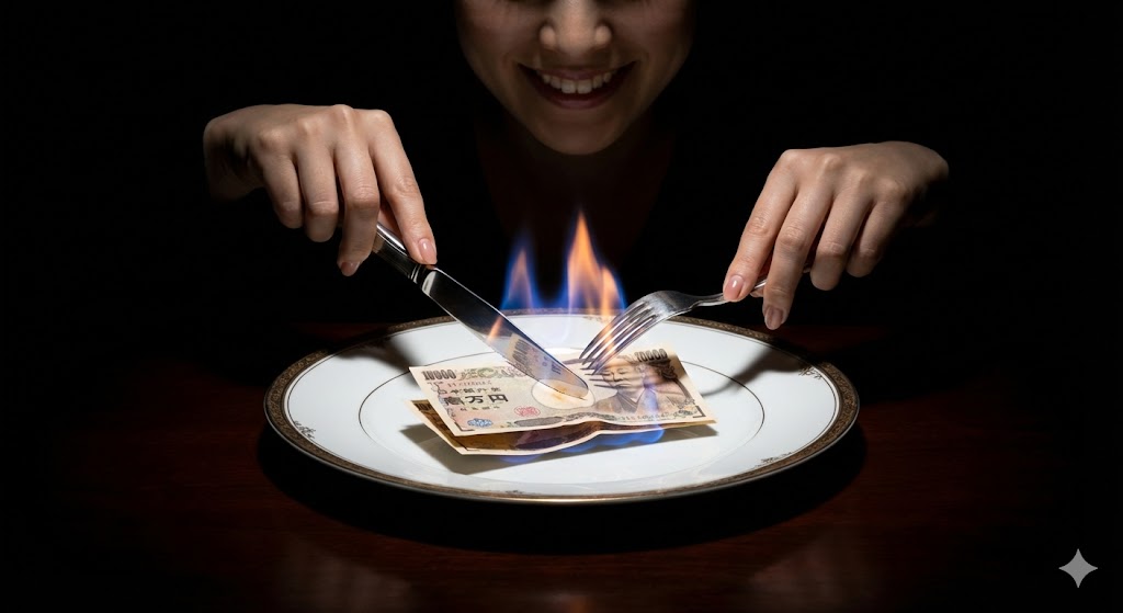 高級なフレンチの皿の上に、料理ではなく、燃えているお札が乗っている。