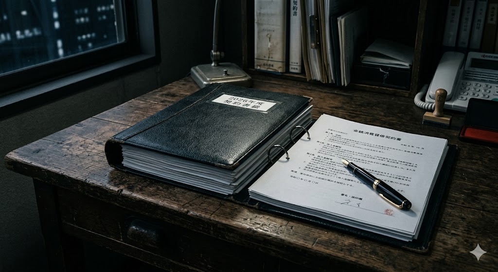 契約書と黒い万年筆が木製のデスクに置かれている写真。