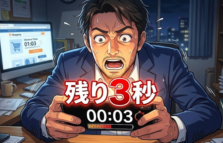 画面を凝視している40代男性のイラスト。