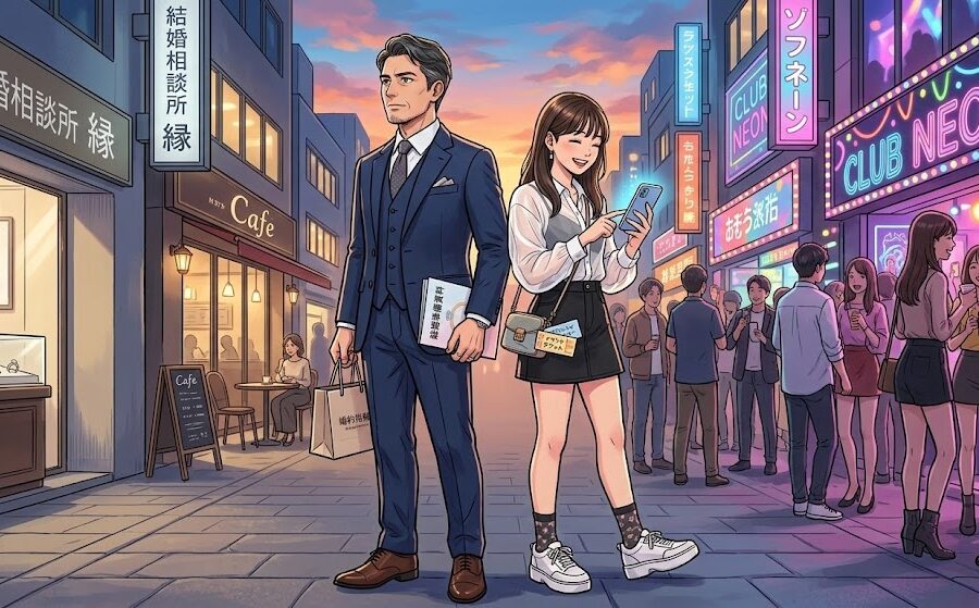 結婚を意識して真面目にスーツを着ている40代男性と、スマホを片手に遊びに行く服装の若い女性が背中合わせに立っているイラスト。