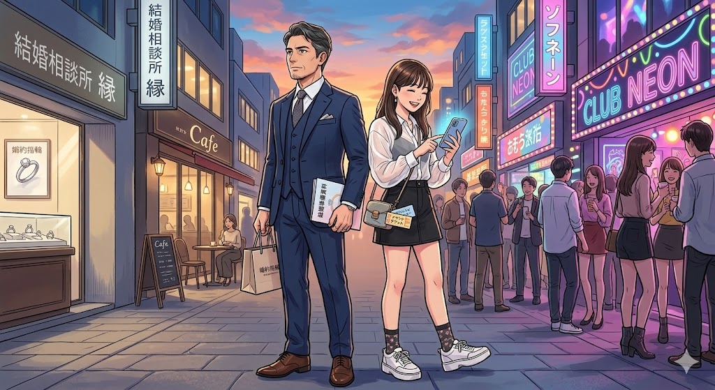 結婚を意識して真面目にスーツを着ている40代男性と、スマホを片手に遊びに行く服装の若い女性が背中合わせに立っているイラスト。