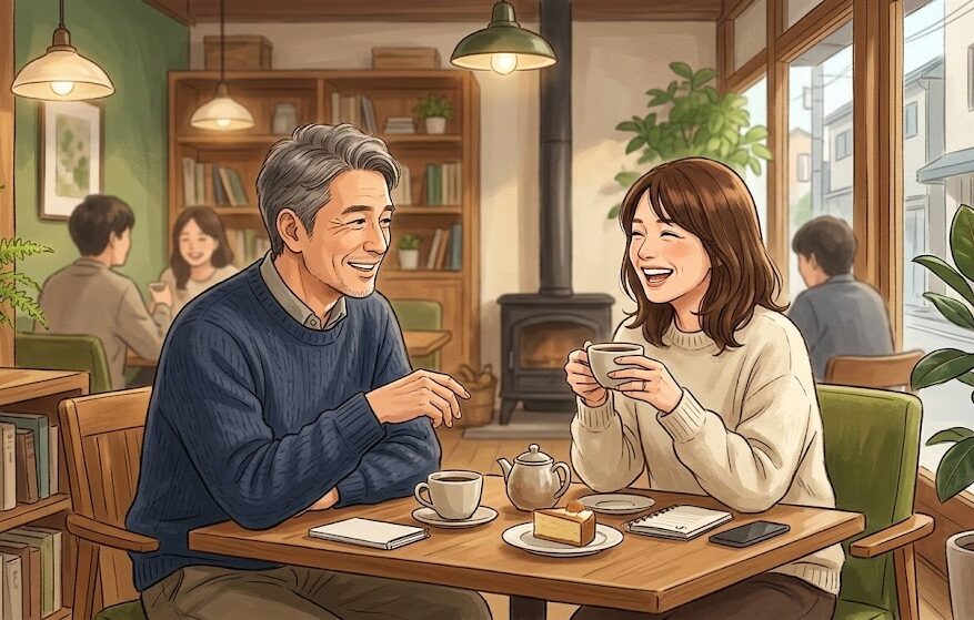 落ち着いた雰囲気のカフェで、同年代の女性と笑顔でリラックスして会話している40代男性のイラスト。
