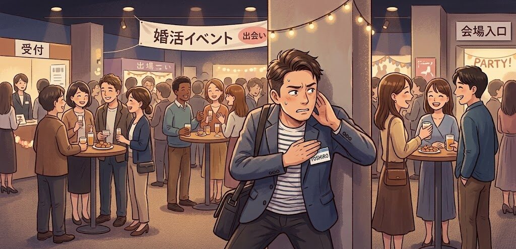 コソコソしている男性のイラスト。