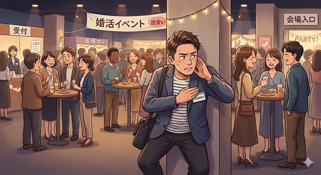 コソコソしている男性のイラスト。