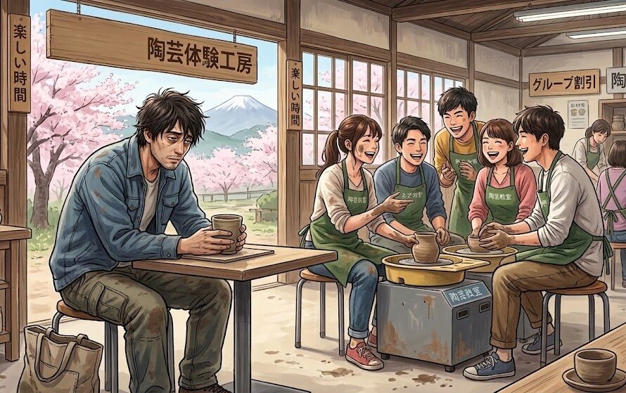 ぐったりと疲れている男性のイラスト。