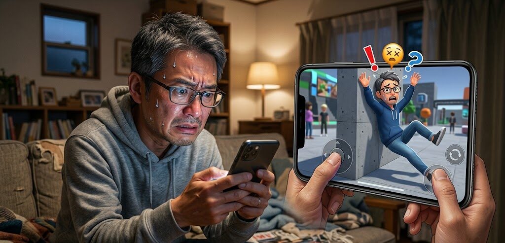 40代男性が冷や汗をかいて焦っているイラスト