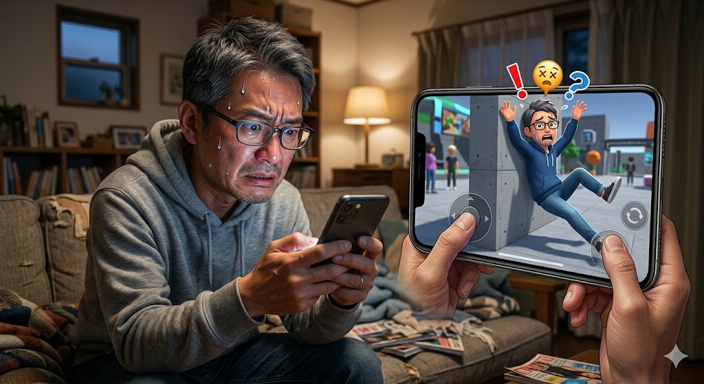 40代男性が冷や汗をかいて焦っているイラスト