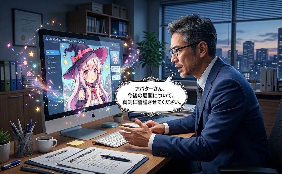 40代男性が真面目な顔をして語りかけている少しシュールなイラスト。