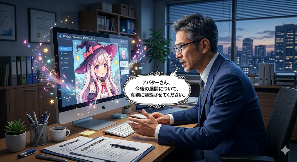 40代男性が真面目な顔をして語りかけている少しシュールなイラスト。