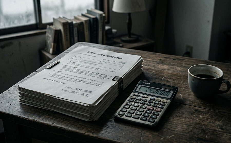 テーブルの上に置かれた電卓と住宅ローンの重厚な契約書の束