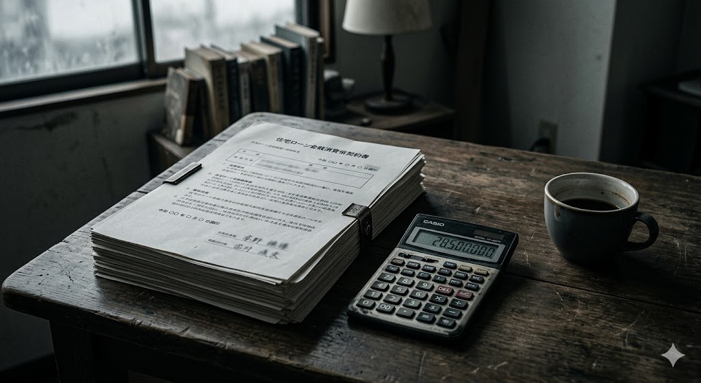 テーブルの上に置かれた電卓と住宅ローンの重厚な契約書の束