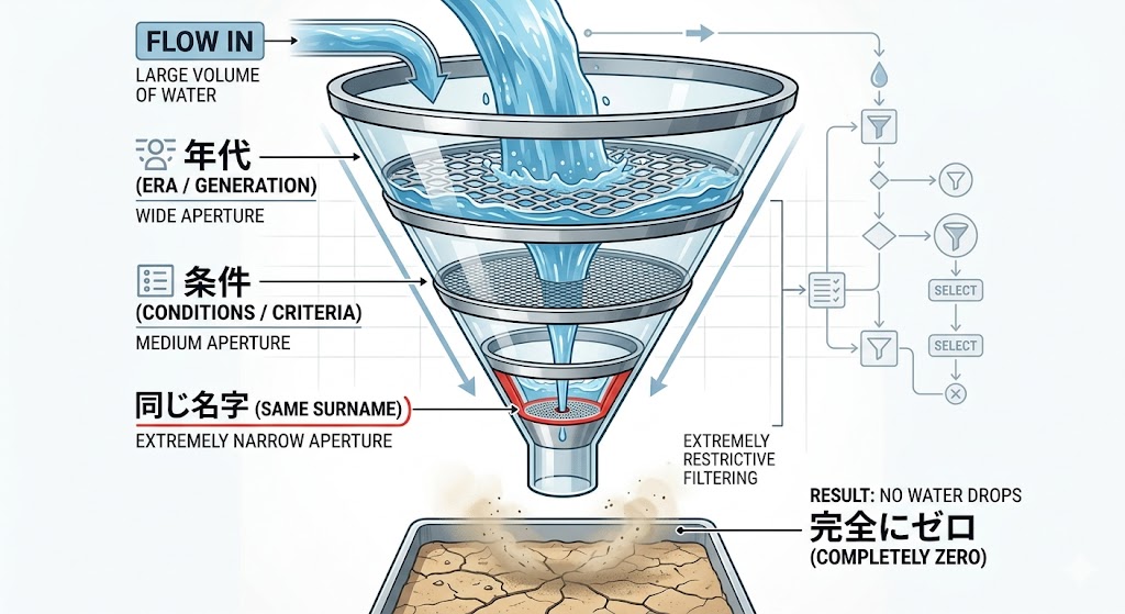 大きな逆三角形の漏斗（じょうご）の図解。
