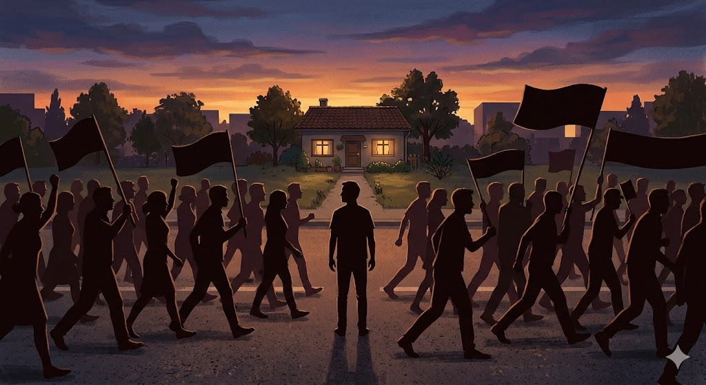 平凡な家を見つめている男性のイラスト