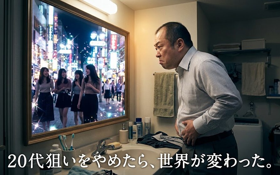 鏡の前で一生懸命お腹をへこませている40代男性
