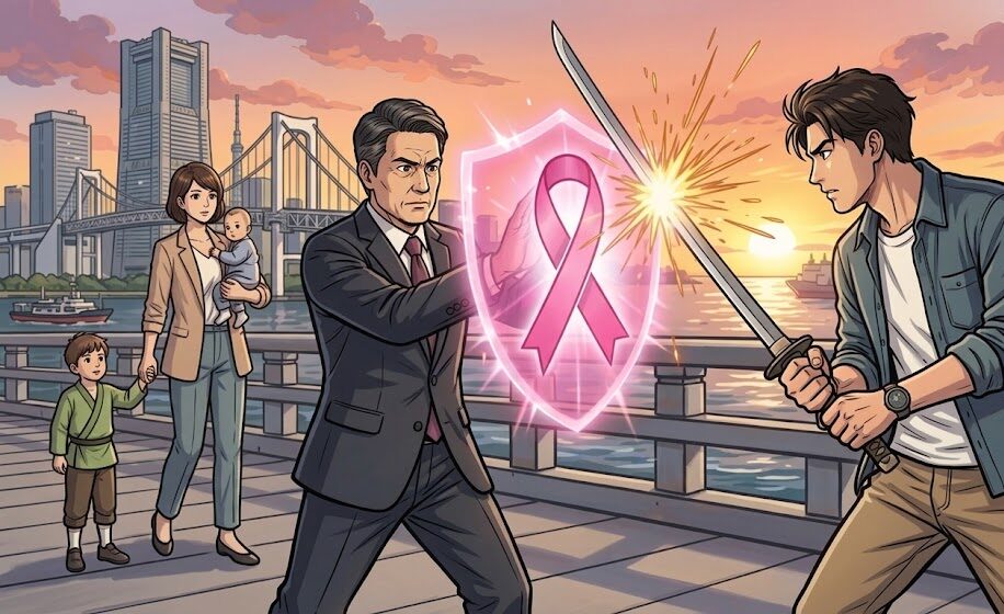 リボンマークのアイコンが、光り輝く盾のように描かれているイラスト