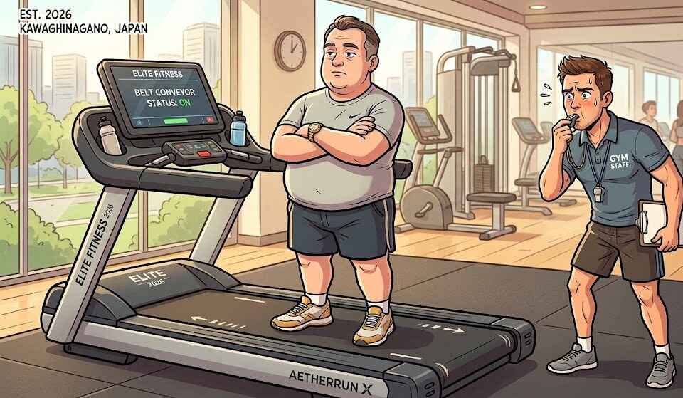 高級なランニングマシンに乗っているが自分では歩かずにベルトコンベアで運ばれるのを待っている男性のイラスト。その横でトレーナーが困り顔で笛を吹いている。