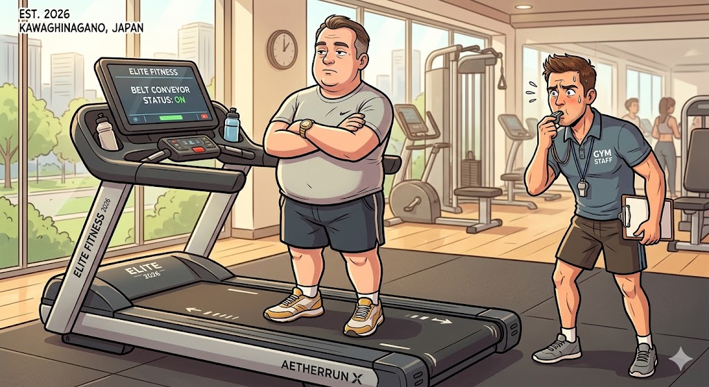 高級なランニングマシンに乗っているが自分では歩かずにベルトコンベアで運ばれるのを待っている男性のイラスト。その横でトレーナーが困り顔で笛を吹いている。