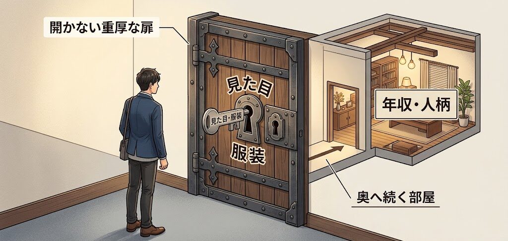 開かない重厚な扉の前に立つ男性のイラスト