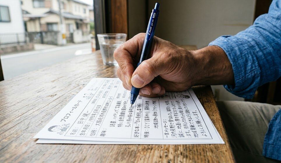 男性の手元にあるプロフィールカードに、びっしりと誠実に書き込まれた文字。ペンを握る手に力がこもっている様子が伝わる接写写真。