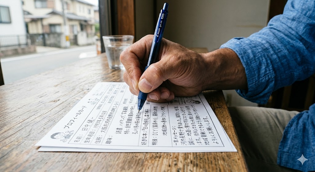 男性の手元にあるプロフィールカードに、びっしりと誠実に書き込まれた文字。ペンを握る手に力がこもっている様子が伝わる接写写真。