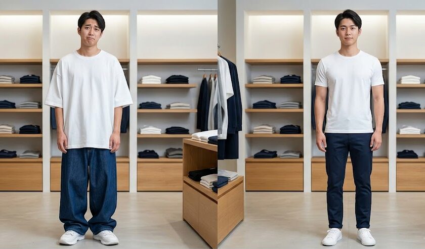 NGな服装(ダボダボ)と、OKな服装(ジャストサイズ)の比較。