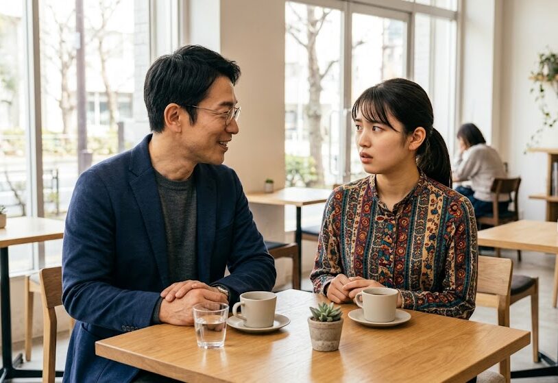 おじさんの顔のアップ。
鼻毛が一本出ていて、おでこがテカっている。
女性がそれを見てドン引きしている図。