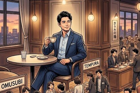 賑やかなパーティー会場のイラスト。周囲の人たちが忙しそうに動き回っている中、中央のテーブルで一人だけリラックスしてコーヒーを片手に優しく微笑んでいるジャケット姿の男性のシルエット。