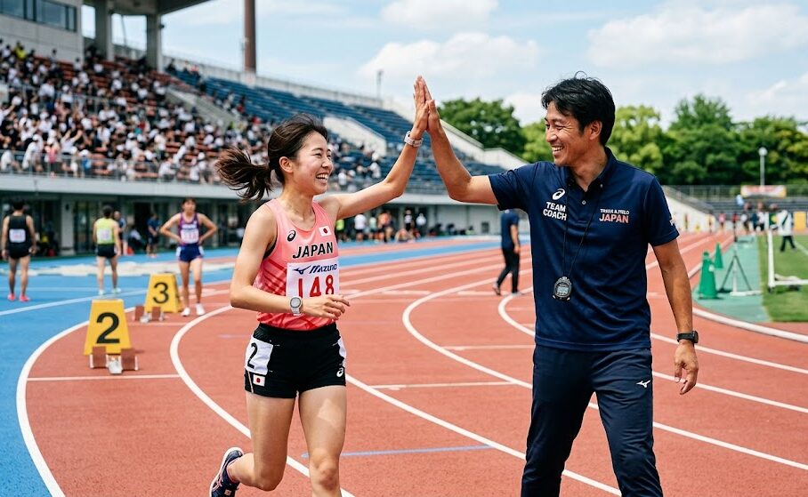 陸上競技のトラックで、ランナーとコーチが笑顔でハイタッチをしている爽やかな写真。