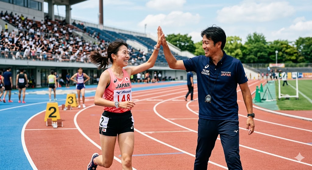 陸上競技のトラックで、ランナーとコーチが笑顔でハイタッチをしている爽やかな写真。