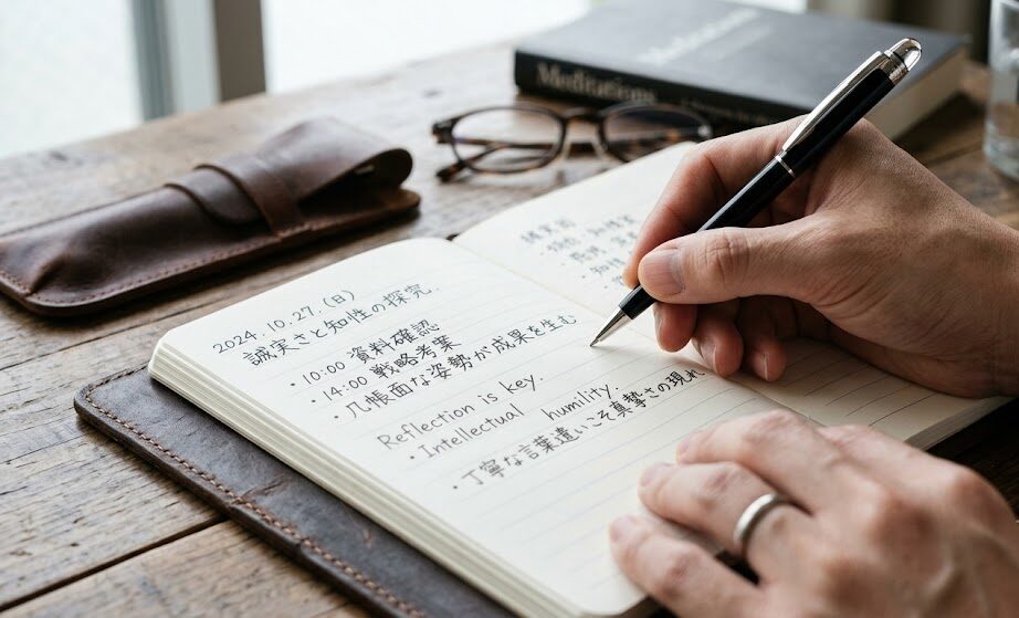 高級感のある手帳の紙面に、細いボールペンで几帳面かつ丁寧に文字が書き込まれている手元の接写写真。インテリジェンスと誠実さが伝わる構図。