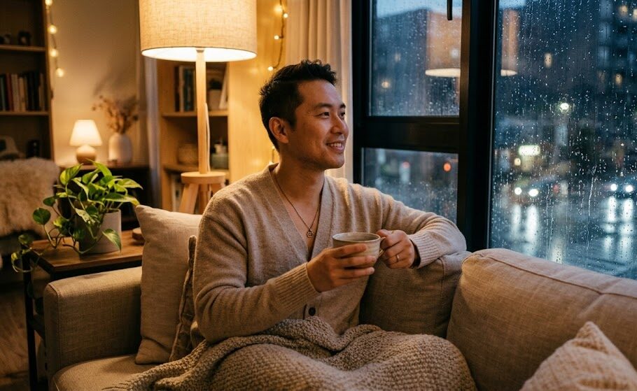 雨が降る外の景色を眺めながら、温かい照明が灯る室内のソファで、ゆったりと腰掛けて温かいお茶のカップを両手で持っているリラックスした瞬間の写真。