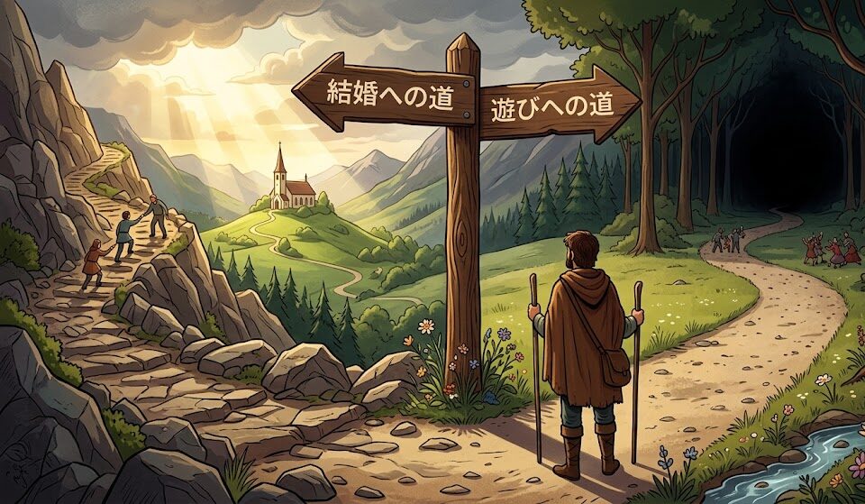 分かれ道に立つ道標のイラスト。