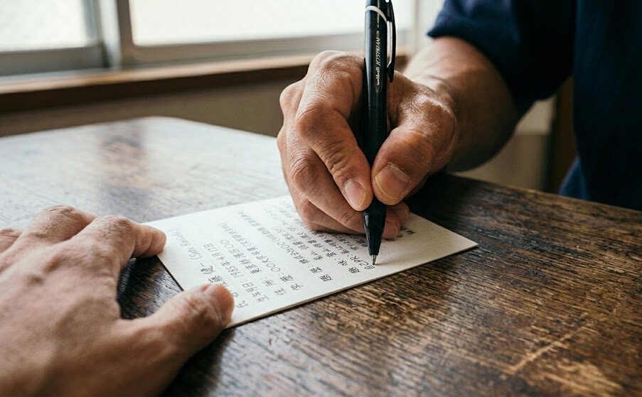 男性の手元にあるプロフィールカードに、びっしりと誠実に書き込まれた文字。ペンを握る手に力がこもっている様子が伝わる接写写真。
