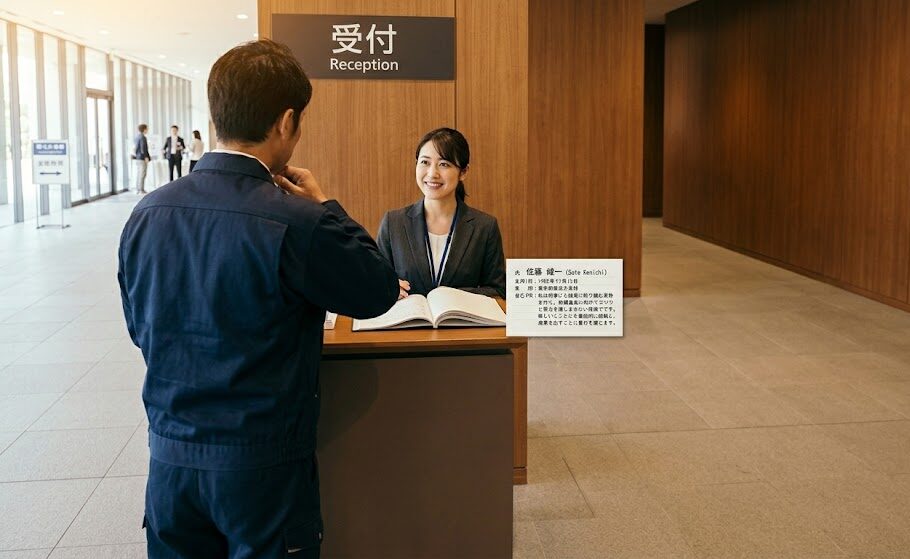 会場の入り口で、少し緊張しながらも背筋を伸ばして受付を済ませようとしている男性の後ろ姿。