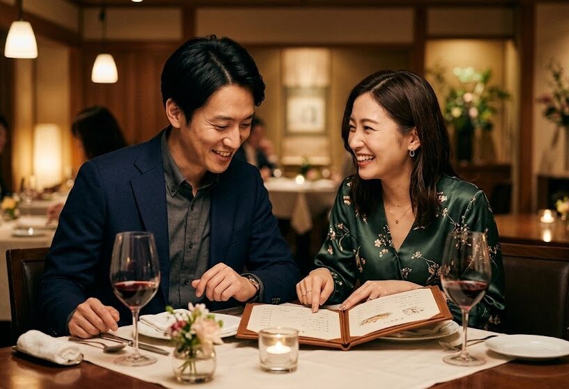 落ち着いた照明のレストランで、ジャケット姿の男性とワンピースを着た女性が、メニューを一緒に見ながら自然な笑顔で話している温かみのある写真。