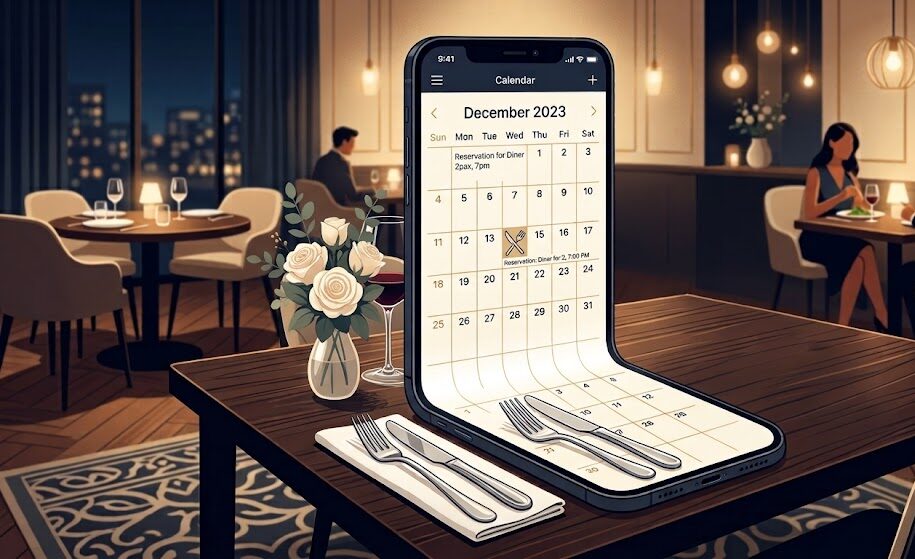 スマートフォンの画面にカレンダーとフォーク・ナイフのアイコンが表示され、それがそのまま上品なレストランのテーブルへと繋がっている、シンプルで洗練されたイラスト。