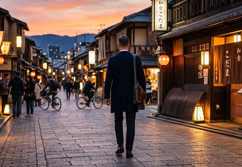 夕方の綺麗な街並みを背景に、少し背筋を伸ばして待ち合わせのお店へと向かっていく、清潔感のある大人の男性の後ろ姿。