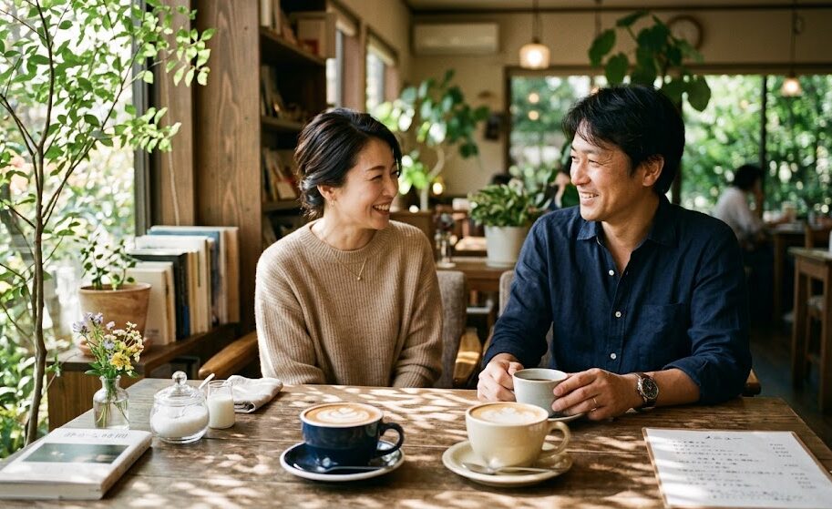 男女がリラックスした様子で微笑み合っている上品な写真。