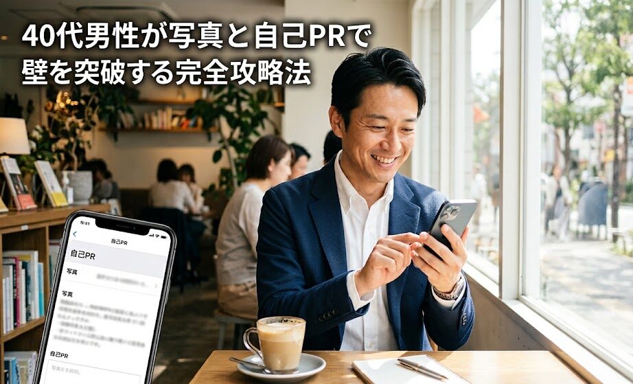 清潔感のあるジャケットを着た40代男性が、明るい光が差し込むカフェの窓際で、笑顔でスマートフォンを操作している爽やかな写真。大人の余裕と信頼感が伝わる構図。