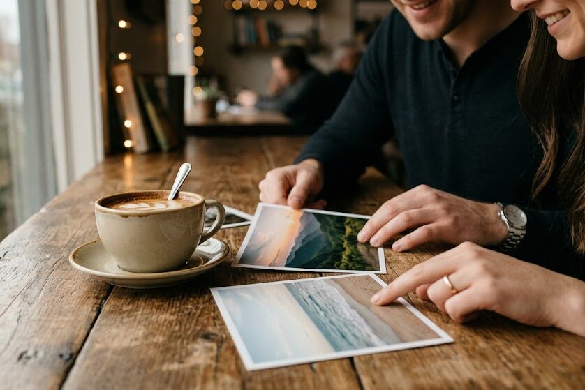 落ち着いたカフェの木製テーブルの上。美味しそうなコーヒーカップと、趣味で撮った風景写真が並び、それを一緒に見つめながら穏やかに微笑んでいる大人の男女の手元の写真。