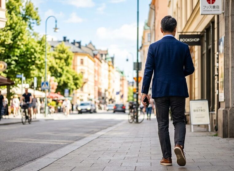 整えられた服装でスマートフォンを手に持ち、満足そうな表情で街へと歩き出す40代男性の後ろ姿。背景には明るい街並みが広がっている写真。