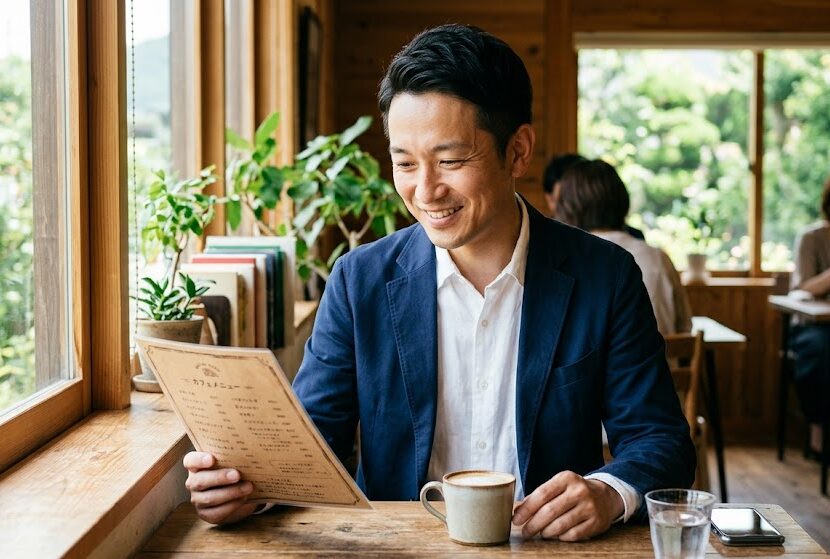 明るい太陽光が差し込むお洒落なカフェの席で、清潔感のあるジャケットを着た40代男性が、メニューを見ながら優しく微笑んでいる自然なポートレート。