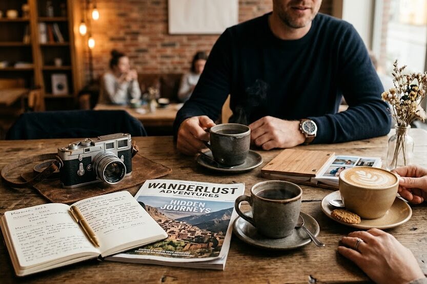 お洒落なカフェのテーブルの上。古いカメラや旅の雑誌、そして二つのコーヒーカップが並んでおり、これまでの人生経験や趣味について楽しく語り合っているような落ち着いた雰囲気の写真。