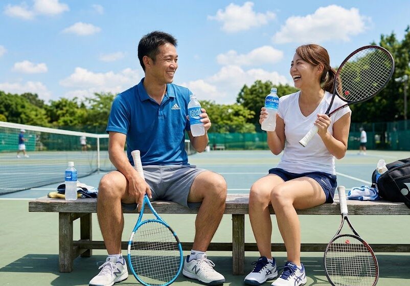 青空の下、テニスコートのベンチでお互いにラケットを持ちながら、笑顔でスポーツドリンクを飲んで談笑している大人の男女の写真。