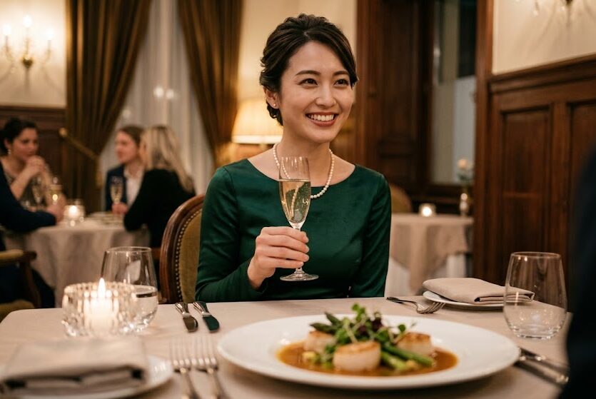 高級感のあるフレンチレストランのテーブル席。綺麗に盛り付けられた料理の向こうで、シャンパングラスを持って華やかに微笑んでいる若い女性のポートレート。