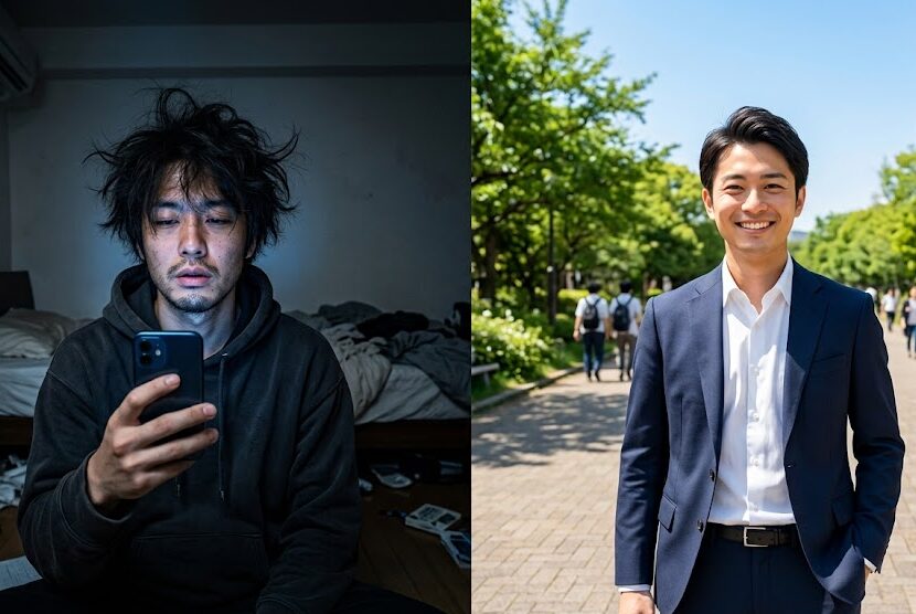 暗い部屋でのボサボサ髪の自撮り写真と、太陽光の下で洗練された服を着て笑顔で見つめる爽やかな男性の写真が並んでいる比較画像。