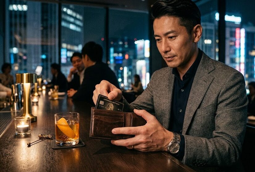 薄暗いお洒落なバーで、男性が財布からスマートにクレジットカードを取り出している手元の写真。都会的な大人の夜の雰囲気を演出。